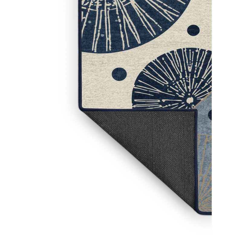 Soft Plush Adlai Global Inspired Block Print Area Rug in Gray – Navy Binding, 8' Square
