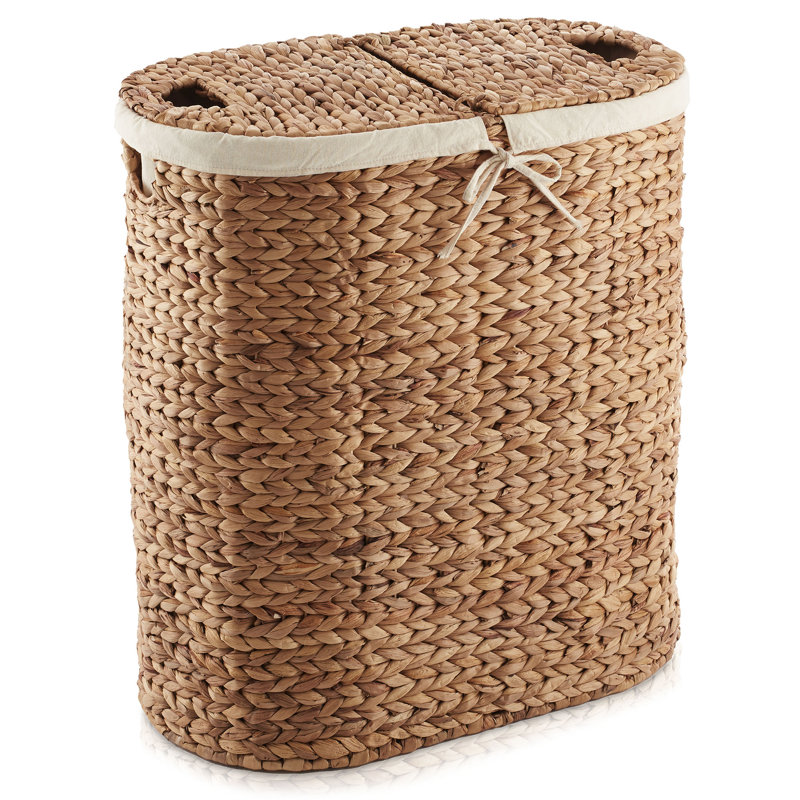 2-Section Oval Laundry Hamper Basket w/ Lids and Liner Bags - Cinnamon Hyacinth, Cinnamon