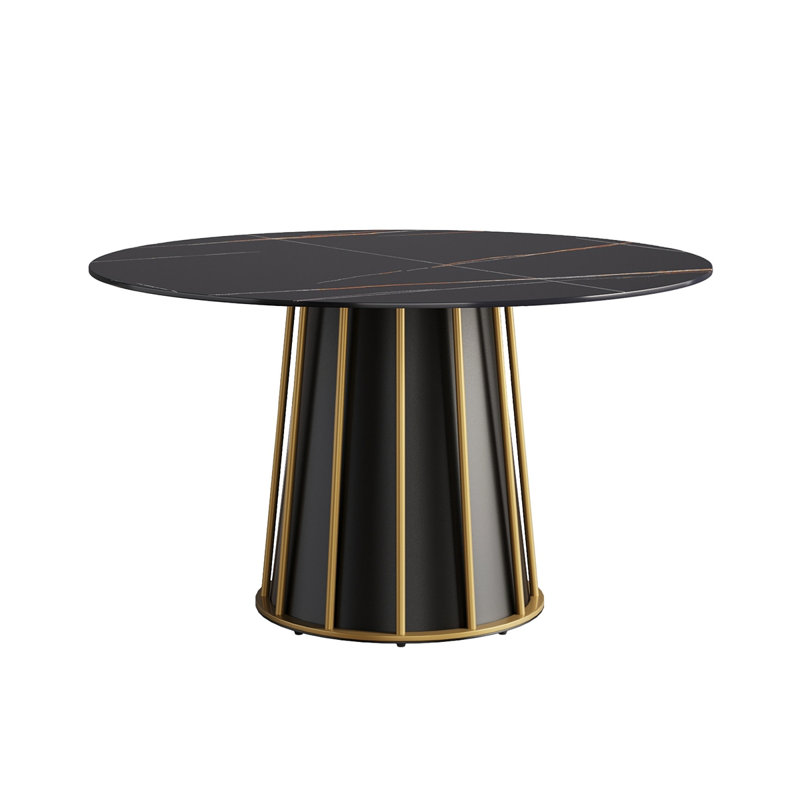 Table de salle à manger 53,15 po en pierre artificielle ronde avec base en fer et métal pouvant accueillir 6 personnes (sans les chaises)