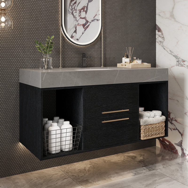Meuble-lavabo mural 39 po avec lavabo, plateau en pierre frittée et armoire en bois massif 39 po
