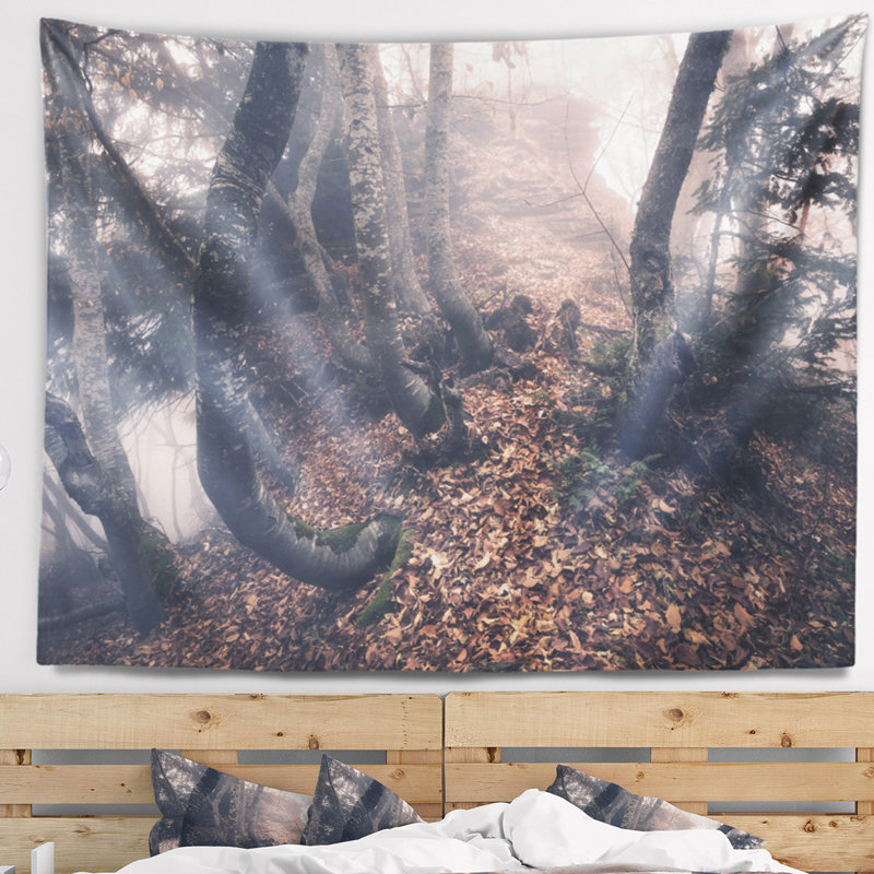 Paysage, automne, brouillard, forêt, tapisserie, H 78 po x l 92 po