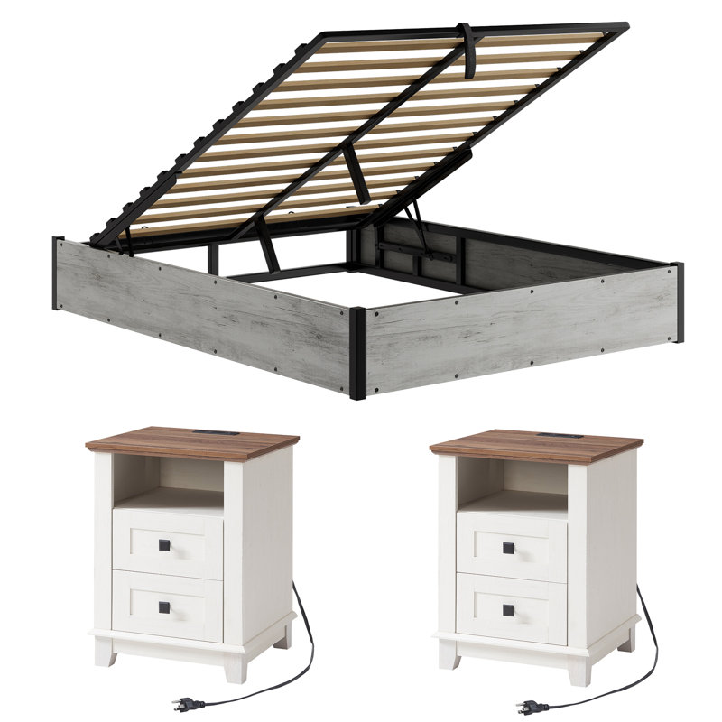 Ensemble de chambre à coucher de ferme 3 pièces avec cadre de lit de rangement grand format et 2 tables de chevet, blanc rustique