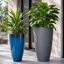 Ensemble de 4 pots à fleurs modernes en résine à finition mixte avec soucoupes et écrans de drainage, bleu brillant et gris anthracite moucheté-2005256511-2020441376-2020441380