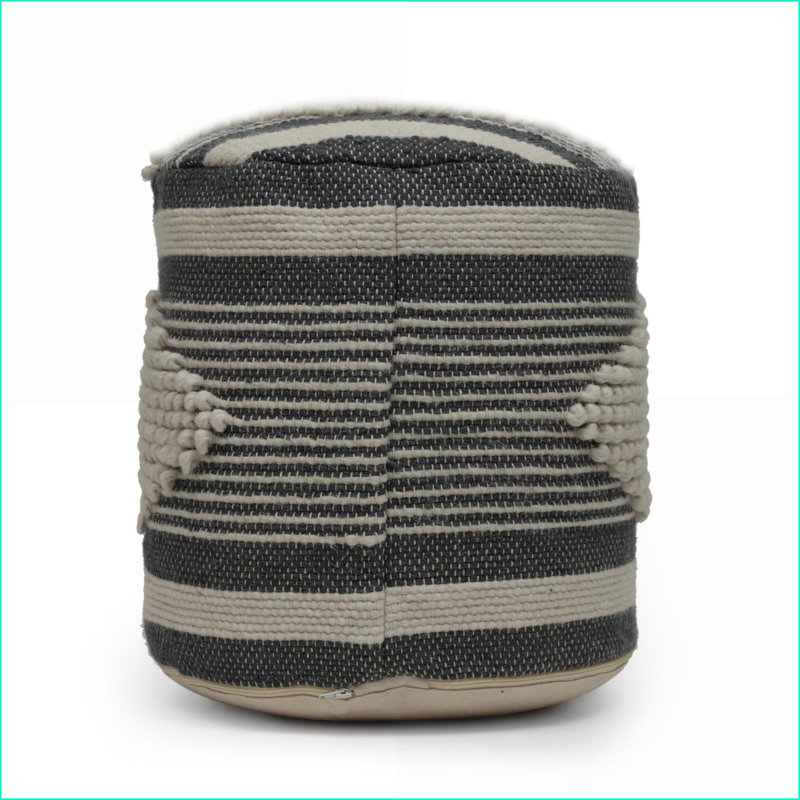 Pouf, Handcrafted Cylindrical Wool Cotton Beige &amp; Dark Gray 16x16x16 | Fabric | Dark Gray, Gray