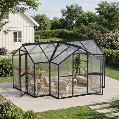 12 ft. W x 10 ft. D Polycarbonate Walk-In Greenhouse for Outdoors, Heavy Duty Aluminum Frame Greenhouse with Adjustable Roof Vent and Double Doors, All Season, Black