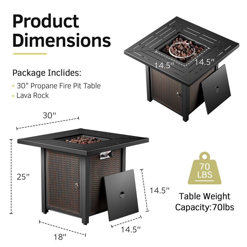Table de foyer extérieur au propane en fer, 76 cm x 76 cm