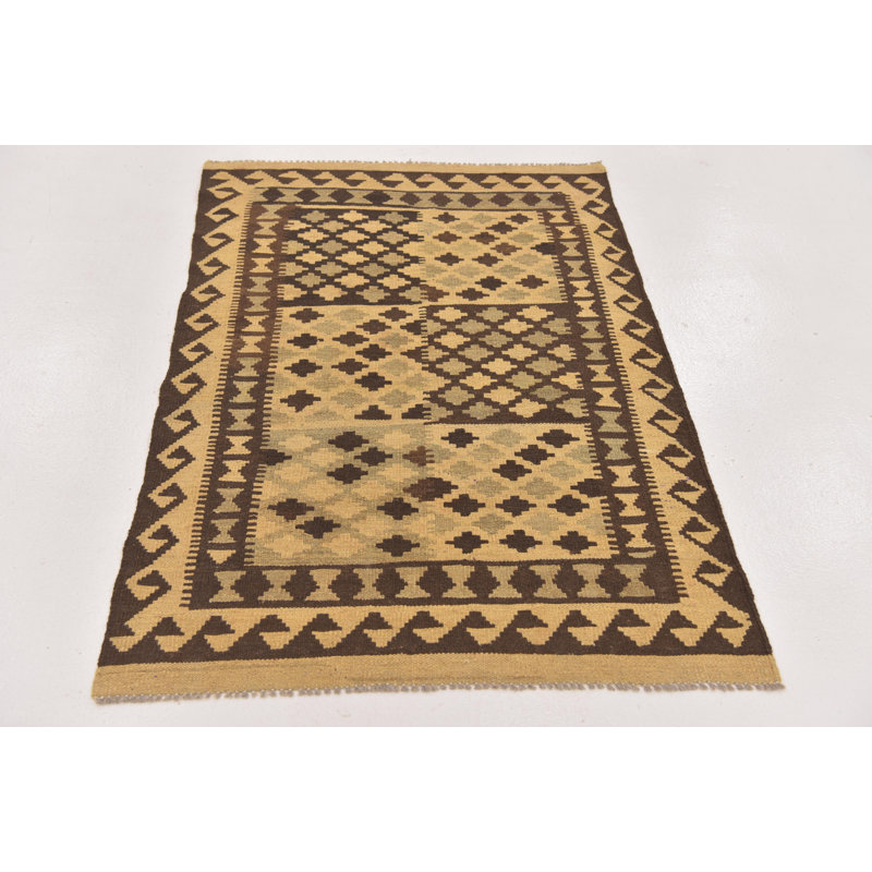 Tapis de zone en laine crème/brune 3 pi 1 po x 4 pi 10 po one-of-kind à la main noué la Lorain