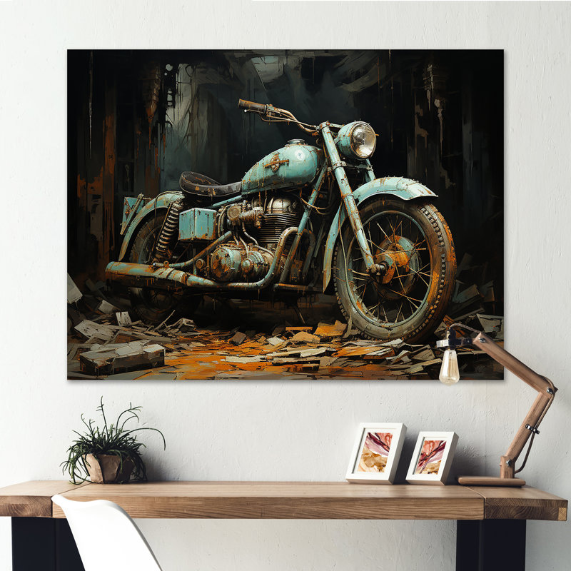 Motocyclette classique bleue et noire - art mural moto, Cadre flottant doré, H 12 po x l 20 po x P 1 po