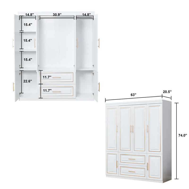 74 po H, 4 portes, 2 tiroirs avec tringles de suspension, garde-robe en bois blanc