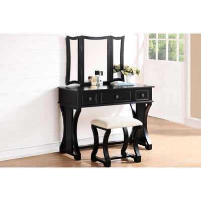 Modern Bedroom Vanity In Black With Stool, 3 - Drawer Table And Foldable Mirror, Pine Frame, Particle Board , 43"X19"X54" Size Contemporary W/ Drawers Wood, Veneer, 43X19x54 Inches