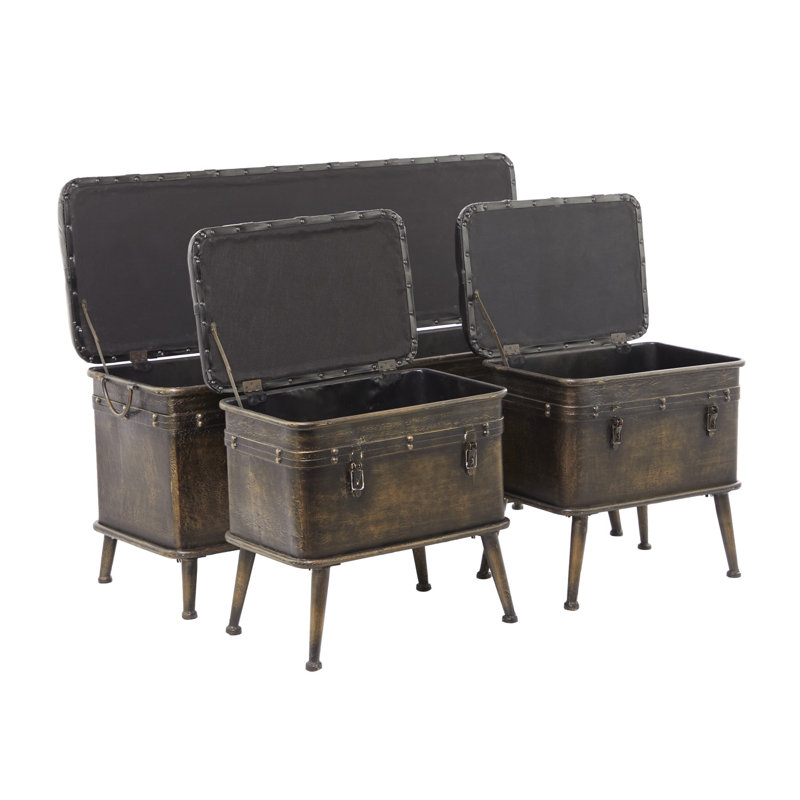 Banc de rangement Currie en métal bronze vieilli avec similicuir capitonné brun foncé