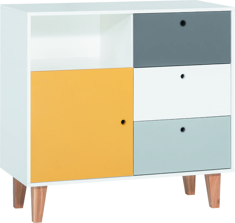 Aleana Solid Wood 103.5cm W 3 - Drawer Chest of Drawers, White/Grey/Dark Grey/Saffron