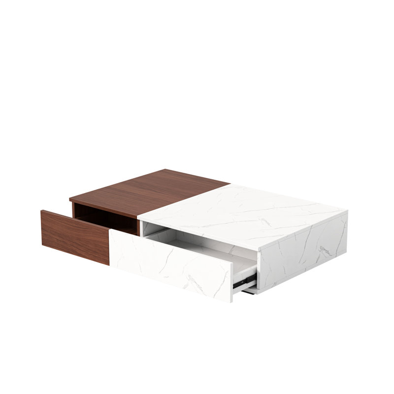 Modern Style Coffee Table With Two Storages In Rectangular Marble Storage Spaces Walnut Design