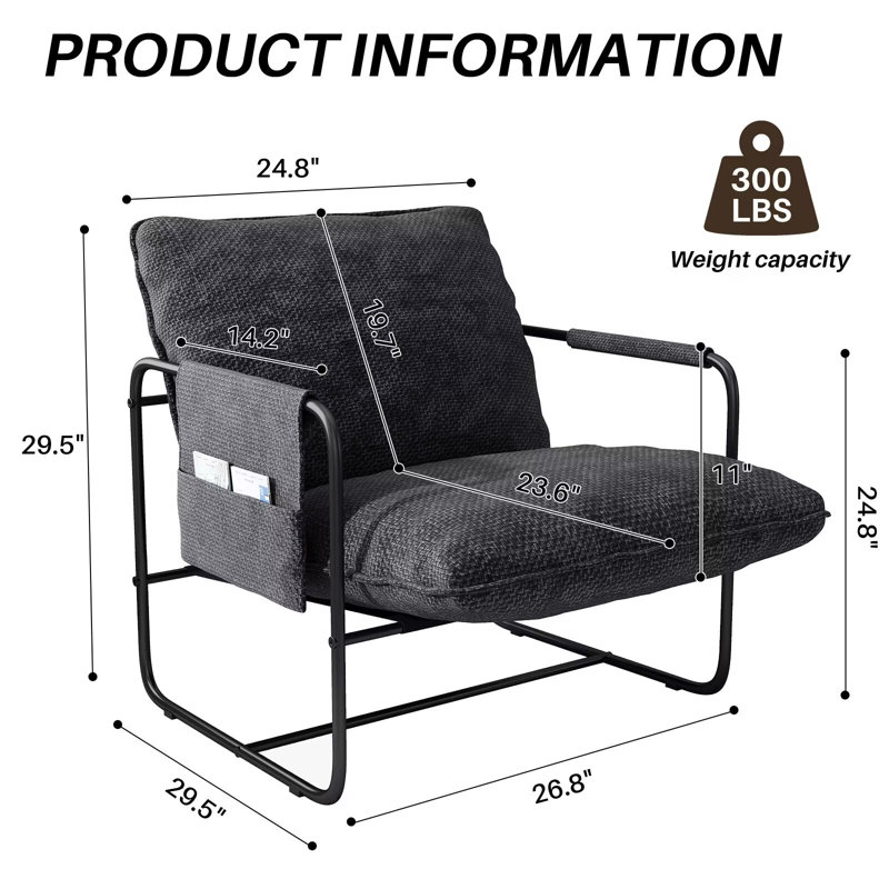 Chaise d'appoint rembourrée pour le salon avec structure en métal Spero, Lin noir
