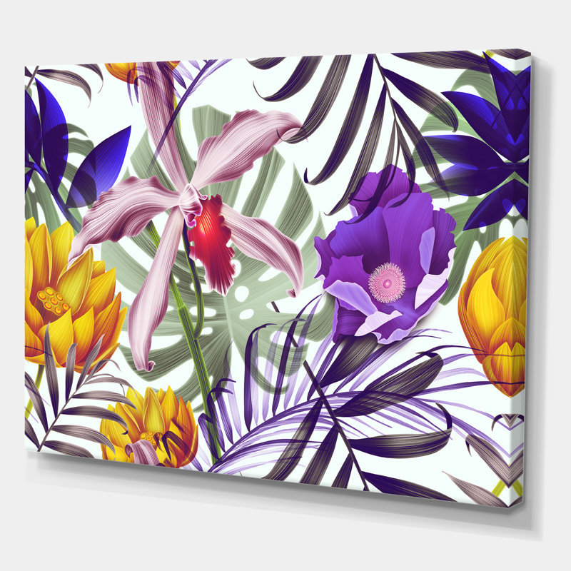 Fleurs tropicales rétro - Impression sur toile, Toile tendue, H 16 po x l 32 po x p 1 po