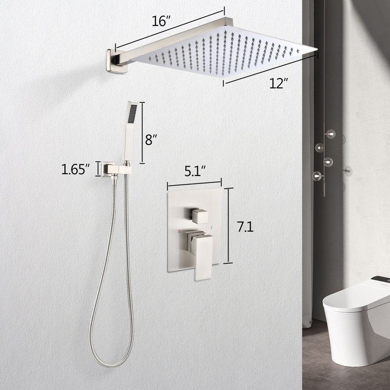 Brushed Nickel 12" Rain Shower Head Mounted On Wall - Natural Rainfall Copying, Self-Cleaning Exit Gap Slot, American Standard Pipe Conform Simulation, Discharge Slot Gap, Correspond