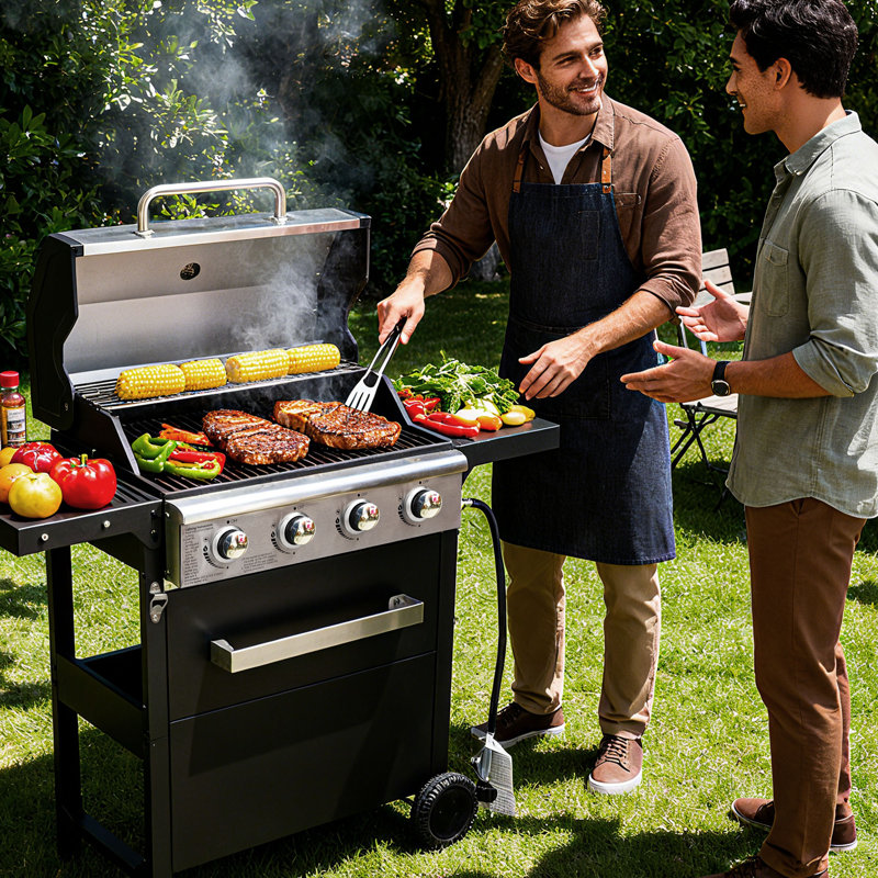 Barbecue au gaz à 4 brûleurs avec tablette latérale et thermomètre