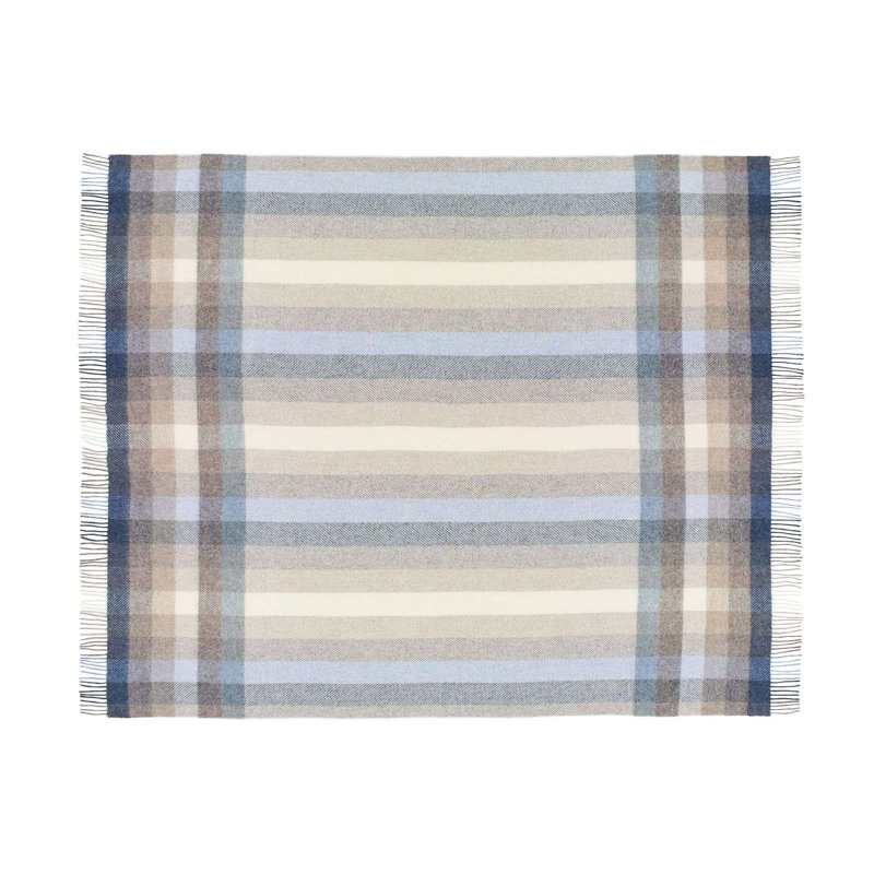 Jeté en laine Shetland, Bleu / blanc / gris / beige géométrique