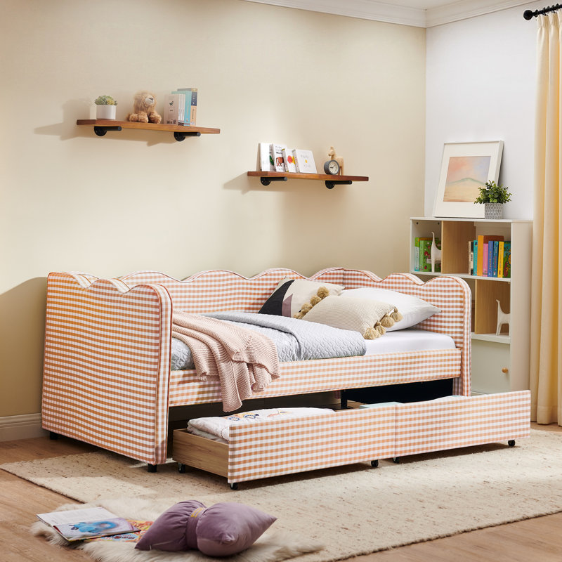Twin Size Daybed with Two Storage Drawers, Cozy Gingham Sofa Bed with USB Port and Wave Shaped Linen Fabric, Pink, Twin, Pink