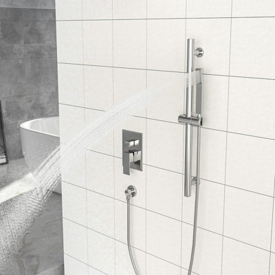 Robinet de baignoire et de douche mural, pomme de pluie carrée de 10 pouces, barre coulissante ajustable de 26,18 po, valve Scald, double fonction, facile à nettoyer, nickel brossé avec pluie équilibrée et douche à main, finition