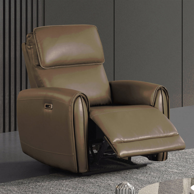 Light Brown Contemporary Power Recliner - USB Ports, Contour Arms, Flange Trim, Light Brown