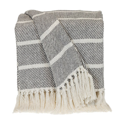 Jeté rayé en coton tissé gris