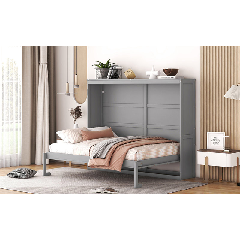 Lit escamotable gris pleine grandeur, sommeil confortable dans de petits appartements, conception pliante simple et facile à utiliser avec double piston