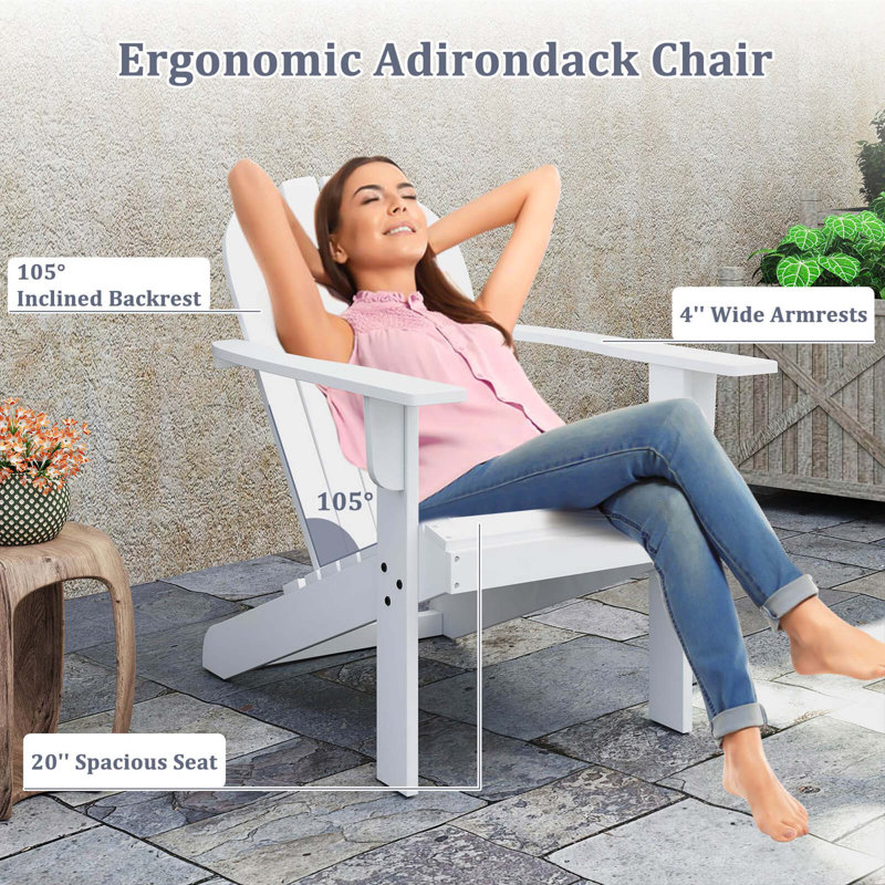 Patio Adirondack Chair With Inclined Seat High Backrest & Wide Armrests, White