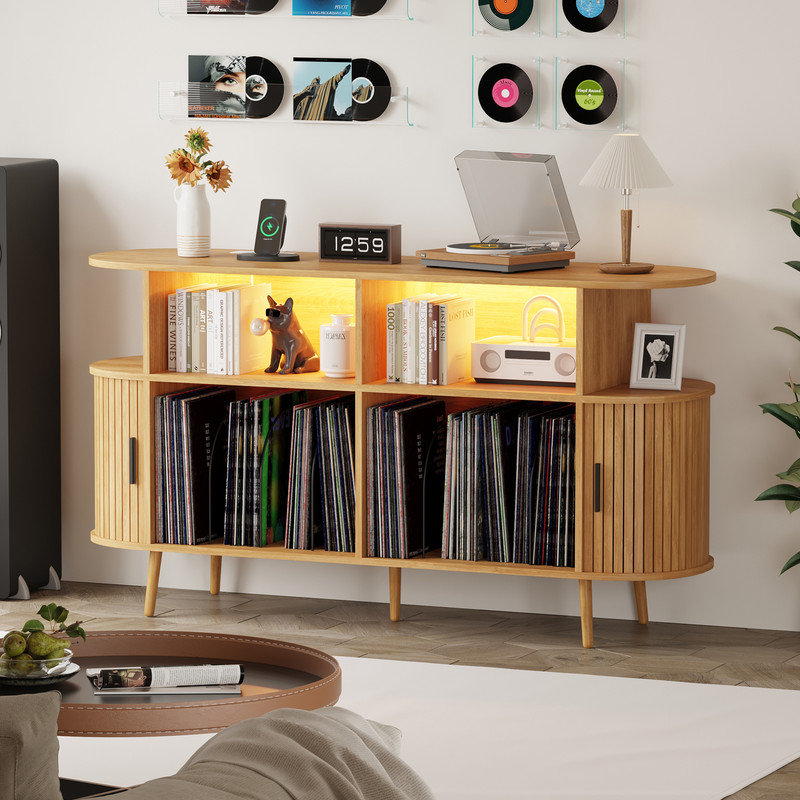Large Round Record Player Stand with Charging Station & LED Light,Fluted Vinyl Record Storage Cabinet,Mid Century Modern Sliding Doors Turntable Stand with Open Shelves Holder for Bedroom Living Room - Natural