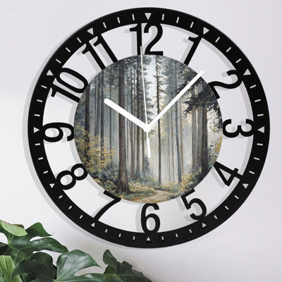 Horloge murale en métal pour le salon - Chemin forestier de 10 po à travers de grands arbres silencieux, fonctionnant à piles, horloges antiques pour maison de campagne, chambre à coucher, cuisine - chiffres arabes