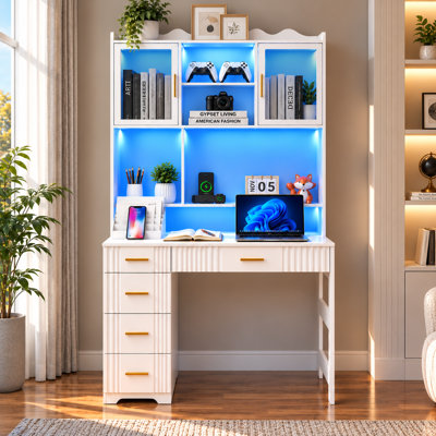 70.7"H Home Office Desk with 5 Drawers, LED Computer Desk with Hutch & Charging Station