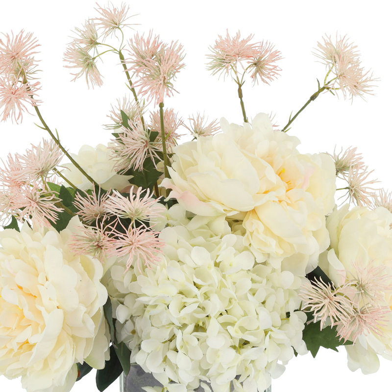 Hydrangea, Peony and Thistle Arrangement in Glass Vase