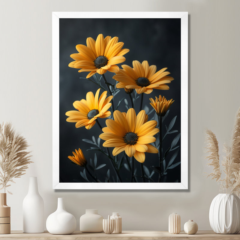 Monochromes jaunes, noirs, rustiques, beauté, marguerites I - marguerites, art mural, salon, Cadre simple blanc