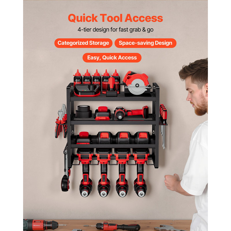 Support mural pour outils électriques, support de rangement à 4 couches avec 4 supports de perceuse, support d'outils et support de rangement avec tournevis, organisateur pour outils de garage, établi et atelier