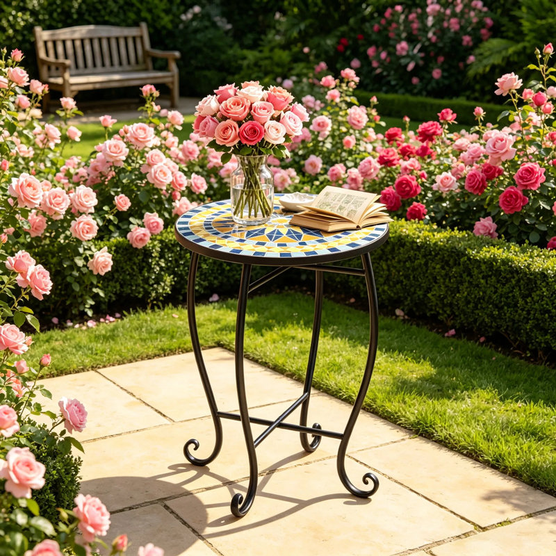 Table de bout en mosaïque florale jaune et noire, table basse d'appoint d'extérieur en métal à base en X, support à plante décoratif avec pieds anti-rayures pour la décoration intérieure de la cour