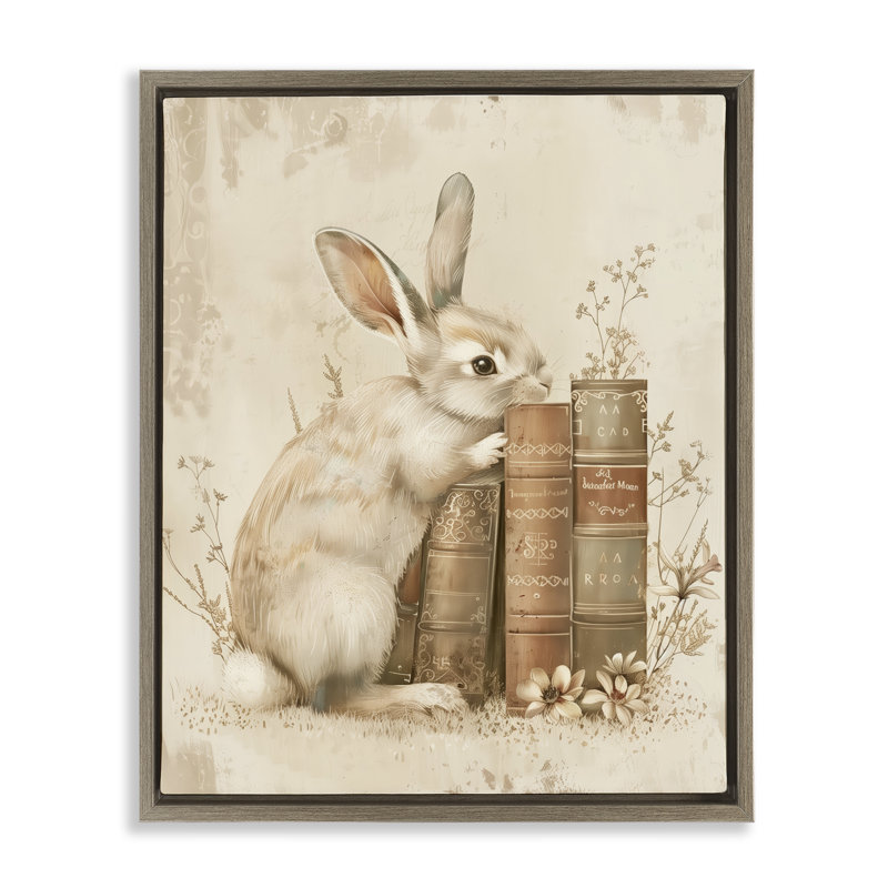 «Neutral Rabbit & Books», art mural sur toile flottante, design par Arlington Prints, H 31 po x l 25 po