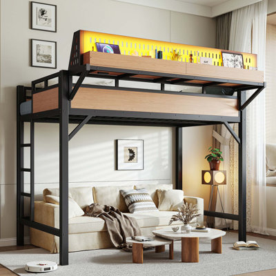 Structure de lit mezzanine en métal avec tablettes de rangement, ports USB et lumières DEL