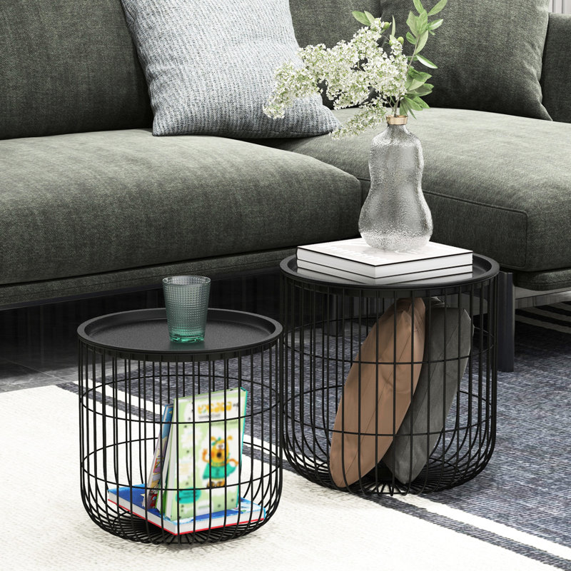 2 tables basses, forme ronde en panier en fil d'acier, plateaux amovibles, idéales pour le salon, noires, gain de place et fonctionnelles. 21 tables gigognes, tables d'appoint empilables pour un effet séduisant, noires.