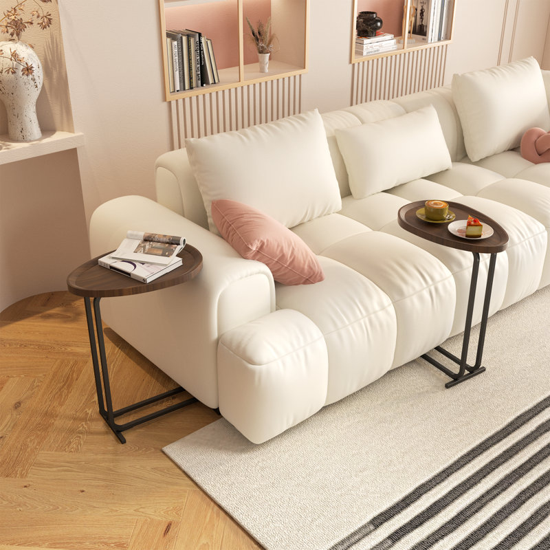 Set of 2 c-shaped side tables in white, modern wood top with metal frame design for sofa and bedside use