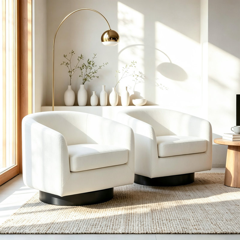 Eugenie Applewold Upholstered Ivory Velvet Swivel Barrel Chair with Solid Wood Base, Ivory