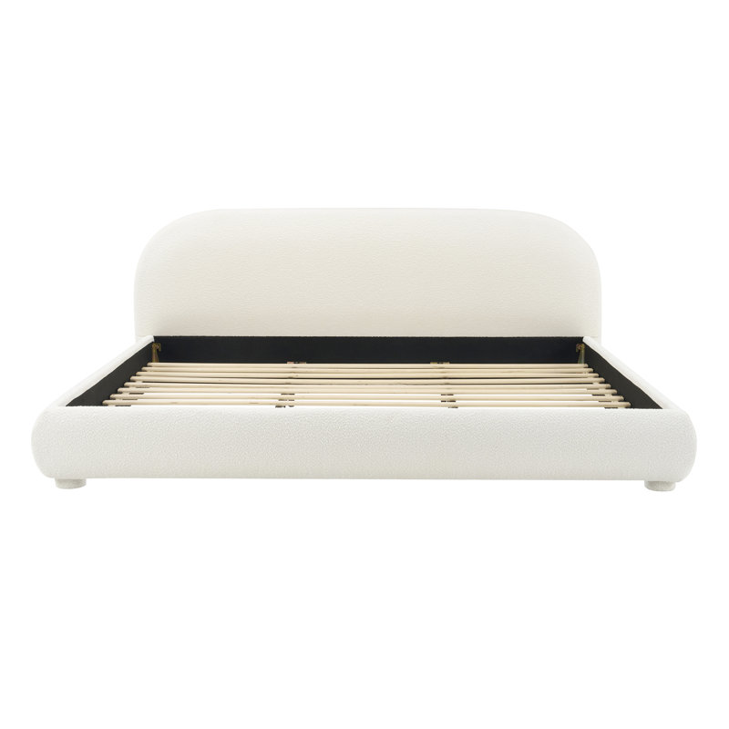 Lit tapissier avec tête de lit courbée et cadre en bois Liz Boucle, Très grand, Boucle blanc
