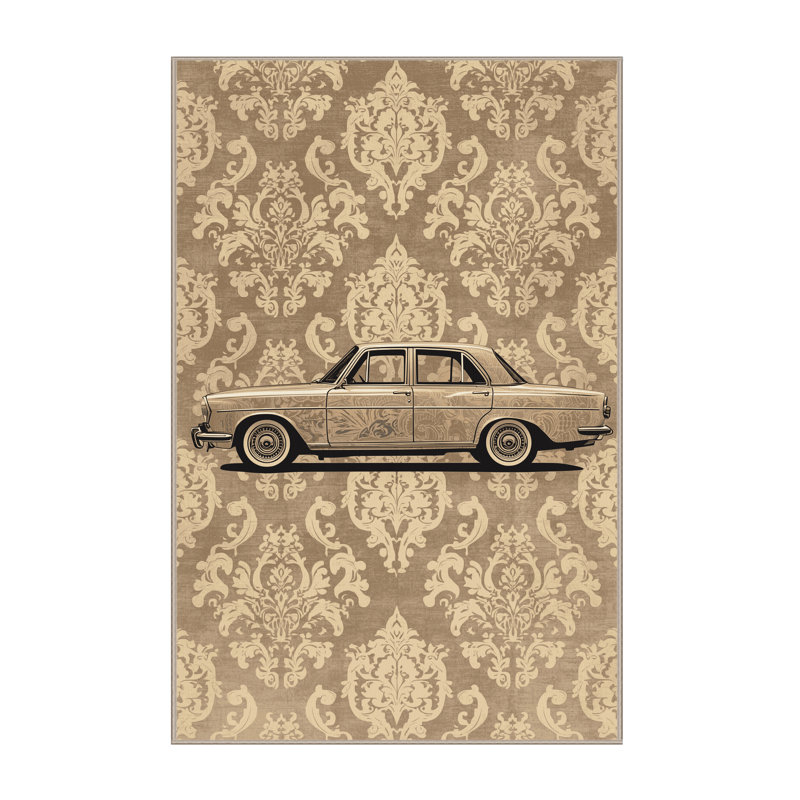 Tapis beige moelleux moelleux à motif de voiture berline rétro classique - reliure beige, 4 x 6