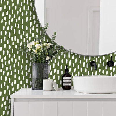 Sage Green Peel and Stick Wallpaper Boho Modern Dots Wall Paper Removable for Bedroom Green/White Contact Paper 17.3in x 32.8ft