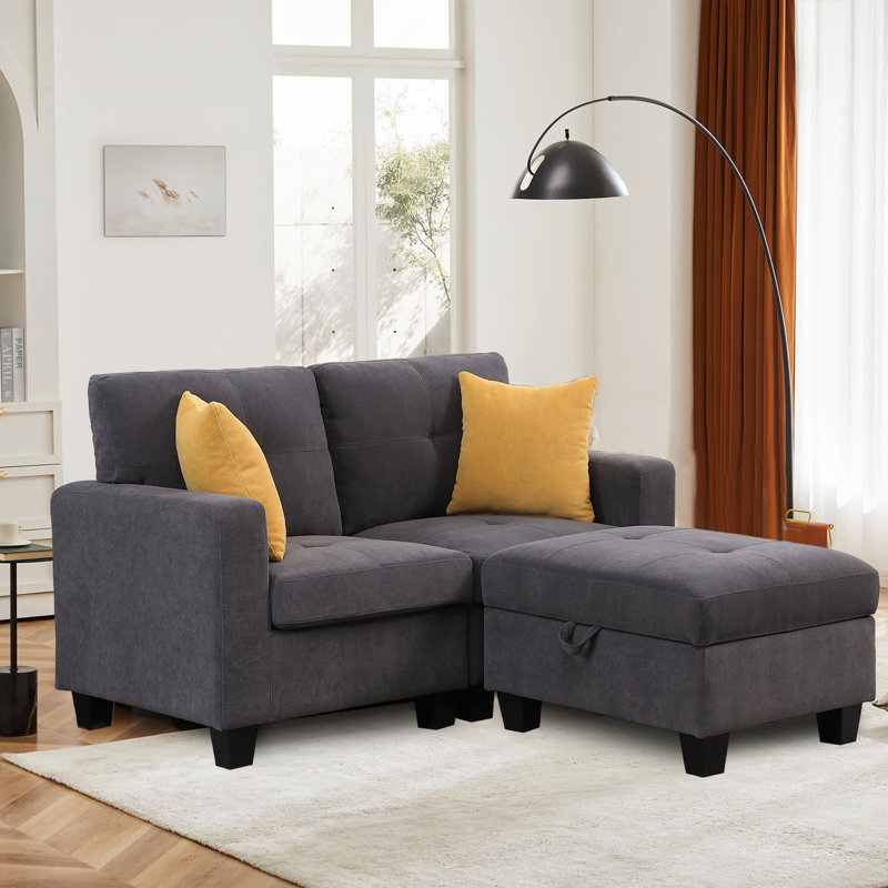Chesham 60"W Upholstered Sofa With Storage Ottoman, Dark Gray Polyester Blend