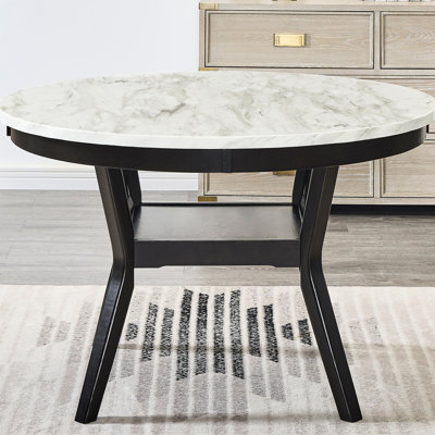 Dining Table With Shelf, 48" Faux Marble Top, Dark , Round, Seats 4, Contemporary Modern Design Round Wood Table, Finish Top Look