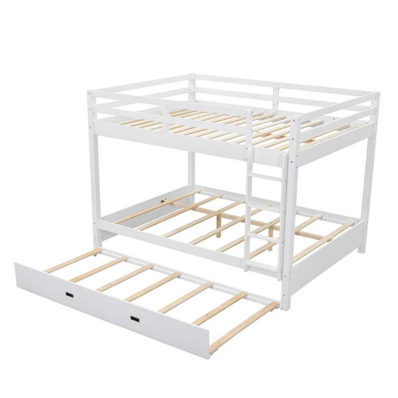 Queen Size Bunk Bed With Twin XL Trundle Wood Bunk Bed, White