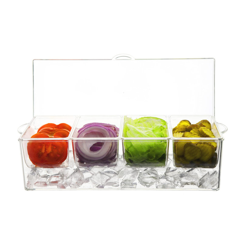 Large Clear Condiment Server Organizer On Ice With Containers And Lid – BPA-Free Serving Bar Compartments And Plastic Box Tray – Chilled Caddy Dispenser Set - Holds 80 Oz Total