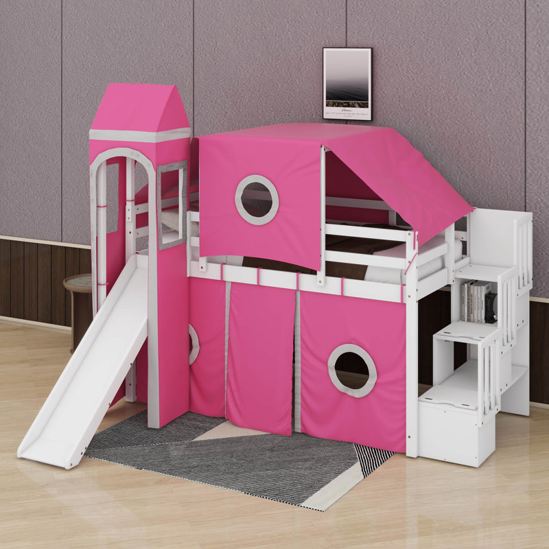 Lit mezzanine simple avec tente et tour, Lit simple, Rose