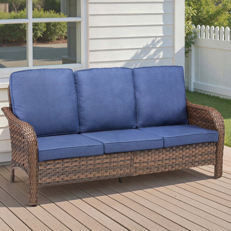 70.9-Inch 3-Seat PE Wicker Rattan Outdoor Sofa with Blue Cushions, Blue