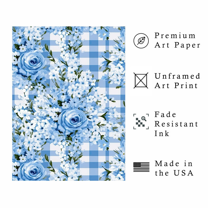 Floral Vichy bleu, fleurs I, reproduction d'art non encadrée, H 7 po x l 5 po